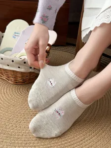 Japanese style thin breathable boat socks detail view, cute cat embroidery, non-slip cotton.