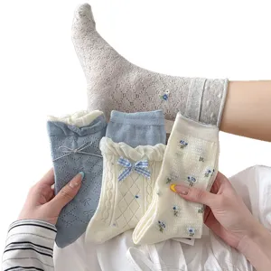 Women cute bow mid-tube socks Korean style floral mesh long socks fashion casual hosiery