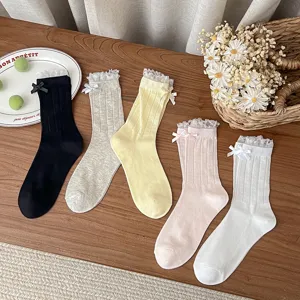 Sweet mesh women mid-calf socks featuring lovely lace and cute bows for summer daily wear.