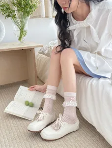 Sweet Lolita lace ruffle mid-calf socks detail shot, cute bow mesh design, summer cute style.