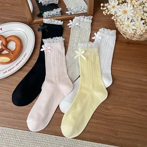 Cute lace bow mid-tube socks detail, sweet style breathable spring summer thin women hosiery