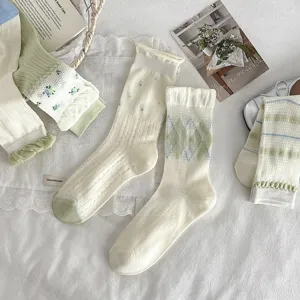 Korean style floral knit mid-tube socks, soft green and white women socks for autumn daily wear.