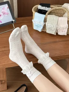 Summer thin mesh mid-tube socks with sweet lace ruffles and cute bows for women and girls.