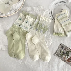 Green floral argyle mid tube socks sweet korean style casual cotton long socks for women