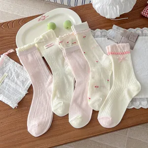 Women Sweet Cute Bow Lace Mesh Breathable Casual Mid Tube Stacking Socks Cotton Fashion Daily Hosiery