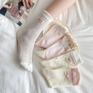 Sweet ruffle bow mesh mid tube socks breathable summer casual cute white pink socks set