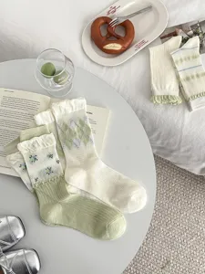 Fresh green women socks autumn mid-tube cute floral argyle ruffled kawaii casual long socks