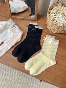 Women summer sheer lace bow mid-tube socks stylish cute breathable fashion hosiery