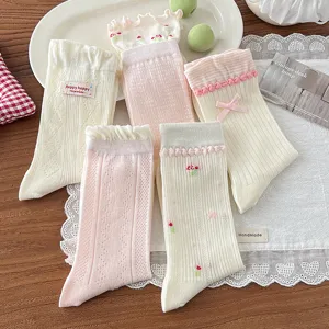 Cute sweet mesh mid-tube socks with ruffles and bows, breathable summer women socks