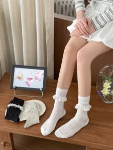 Summer cute sweet JK lace frilly mesh mid-tube socks with elegant bows for women daily wear.