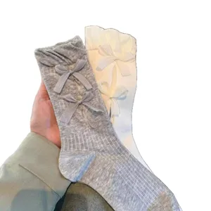 Women Sweet Mid Tube Socks with Ribbon Bows Cute Hollow Out Casual Cotton Stockings