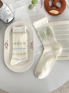 Korean style cute women middle tube socks with green argyle patterns casual daily wear