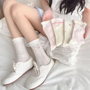 Cute sweet style breathable mesh mid-tube socks with lace and bow for women summer wear