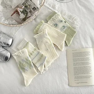 Fresh style women mid tube socks light green forest Korean aesthetic knit cute pattern hosiery