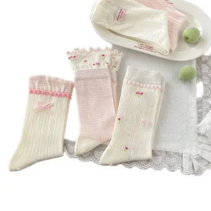 Women sweet ruffles bow mesh mid-tube socks breathable summer casual cute white pink socks