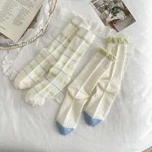 Cute women ruffle mid tube socks Korean style striped knit cotton socks daily wear