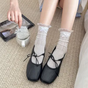 Sweet white lace bow mesh mid-calf socks for women spring summer breathable cute style fashion