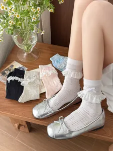 Sweet JK lace ruffle socks summer thin mesh cute bow mid tube hosiery everyday wear