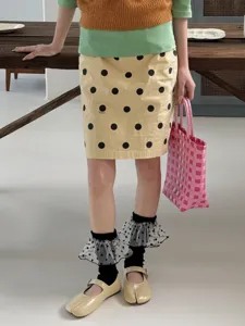 Detail view of women spring summer ruffle lace polka dot leg warmers jk lolita socks style.