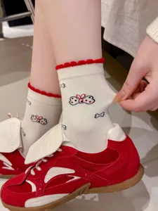 Süße rüschen mittelsocken für damen süßer cartoon katze schleife druck baumwolle weiß