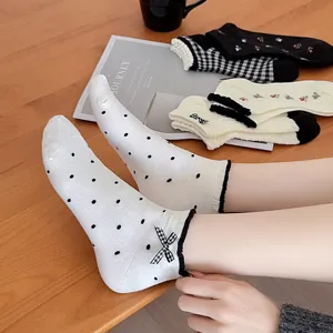 Cute Japanese style women short socks with black polka dots and sweet checkered bow design.