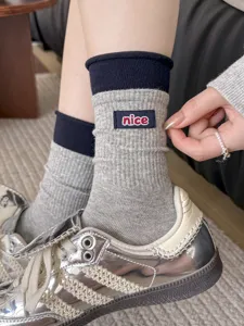 Women combed cotton slouch socks mid tube grey knit casual daily footwear detail close up style