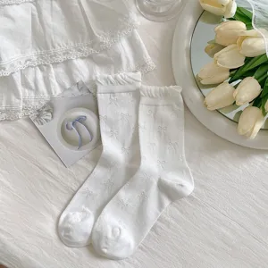 Sweet white ruffle bow socks for women, cute summer thin mesh slouch socks with delicate design.