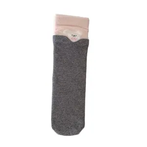 Original Korean style cute animal embroidery high tube women socks with pink ribbed cuffs.