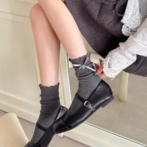 Damen Japanischer Stil Baumwolle Schleife Knöpfe Band Geraffte Socken Süße Crew Socken