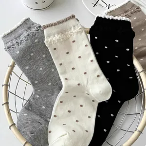 Cute Japanese vintage polka dot mid-calf socks with lace ruffle trim for women, soft cotton casual hosiery