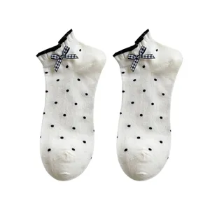 Cute Japanese style women short socks with black polka dots, sweet bowknot and ruffle trim.