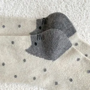Nahaufnahme Detailansicht dicker warmer Wintersocken für Damen mit Katzenabsatz und Pünktchenmuster.
