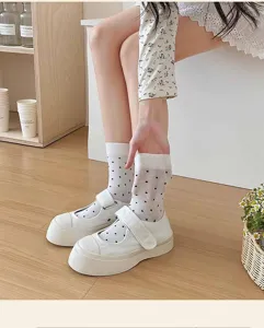 White polka dot mid-tube socks for women, cute sweet summer thin breathable cotton hosiery.