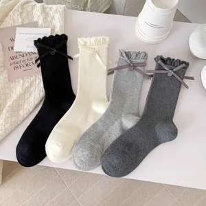 Damen rüschen schleife knopf lange socken gekämmte baumwolle freizeit kniehohe strümpfe