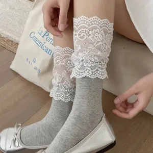 Women grey mid-calf socks with delicate white lace cuffs, sweet Korean style stacking socks.