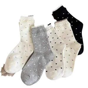 Cute Japanese retro polka dot mid-calf socks for women, sweet lace ruffle design cozy warm winter socks.