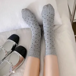 Women grey polka dot mid-calf socks summer thin cute casual hosiery daily wear