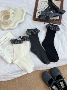 Damen Rüschen Schleife Mittelsocken Winter japanisch süße Lolita Stapelsocken 3Paar