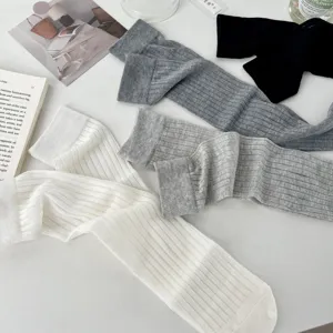 Japanese minimalist ribbed mid-calf socks for women, breathable cotton summer stacking socks.