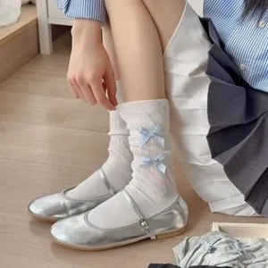 Sweet women summer thin bow mid tube socks, cute Lolita style white mesh socks.