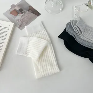 Japanese minimalist white calf socks solid color vertical striped fashion casual hosiery