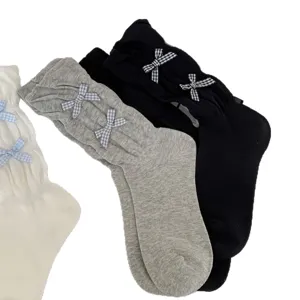 Women cute plaid bow mid-tube socks sweet style summer thin ruffled cotton hosiery.