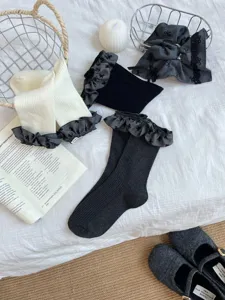 Japanische Lolita Schleife Rüschen Wadenstrümpfe Winter süße Strick Slouch Socken gemütlich