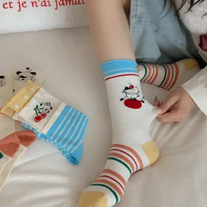 Women cute cartoon cat cherry cotton mid tube socks striped design casual hosiery