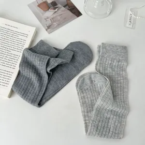 Classic grey ribbed mid-calf socks for women, soft cotton knit daily casual hosiery.