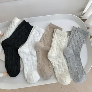 Women Casual Cable Knit Crew Socks Sweet Style Solid Color Breathable Soft Hosiery Everyday Wear