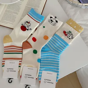 Cute women mid tube cotton socks with colorful stripes cartoon cat patterns for autumn winter.