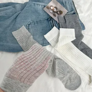 Women's Japanese Style Solid Color Vertical Striped Mid Tube Socks Sweet Summer Breathable Casual Crew Socks