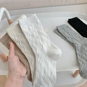 Early autumn women cable knit mid tube socks simple Korean style fashion comfortable daily wear