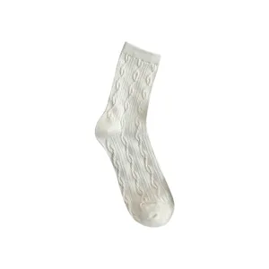White cable knit mid-tube socks for women, sweet ballet style casual daily wear.